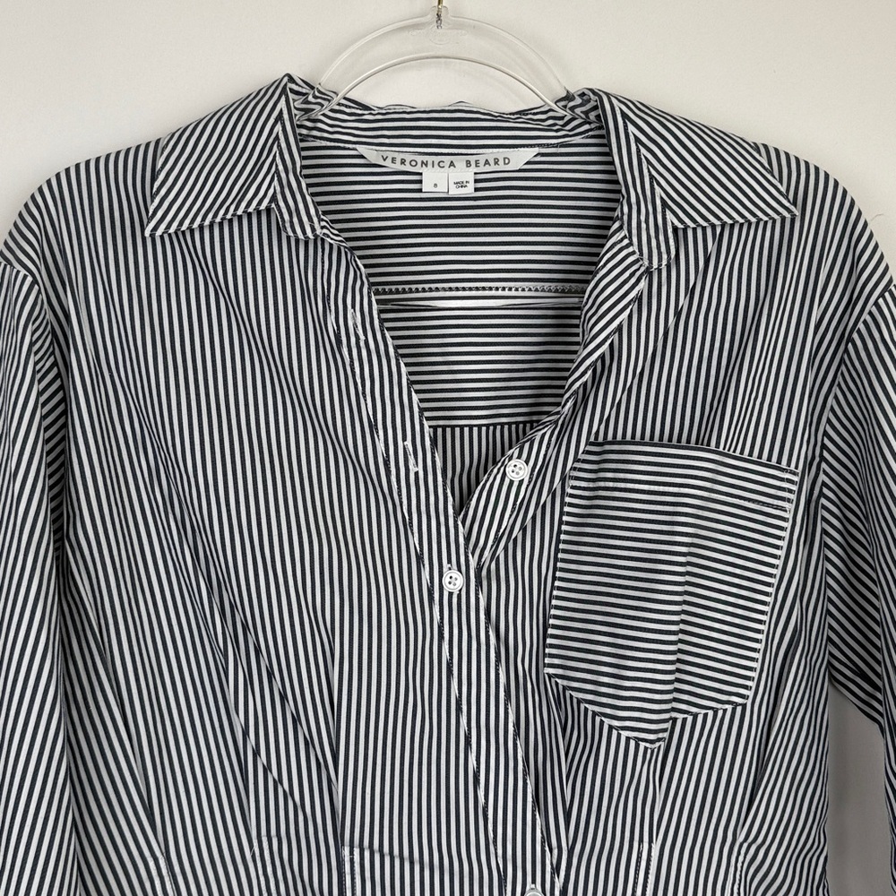 Veronica Beard Rosamund Striped Asymmetrical Wrap Shirt in Charcoal/White Size 8 - Picture 5 of 12